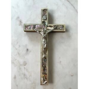 Crucifix Mother of Pearl Inlay Cross Bethlehem Olive Wood Holy Land Made 7 3/4”
